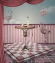 Pink flamingos on a surreal stage